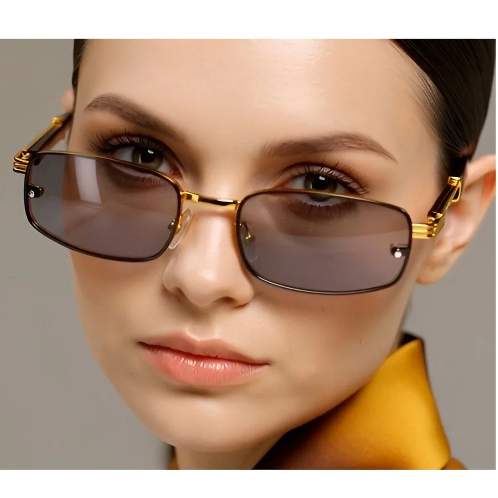 Rimless Sunglasses Rectangle Gold Wood Arms WomenFashion‎ Dark Black Lens Lentes